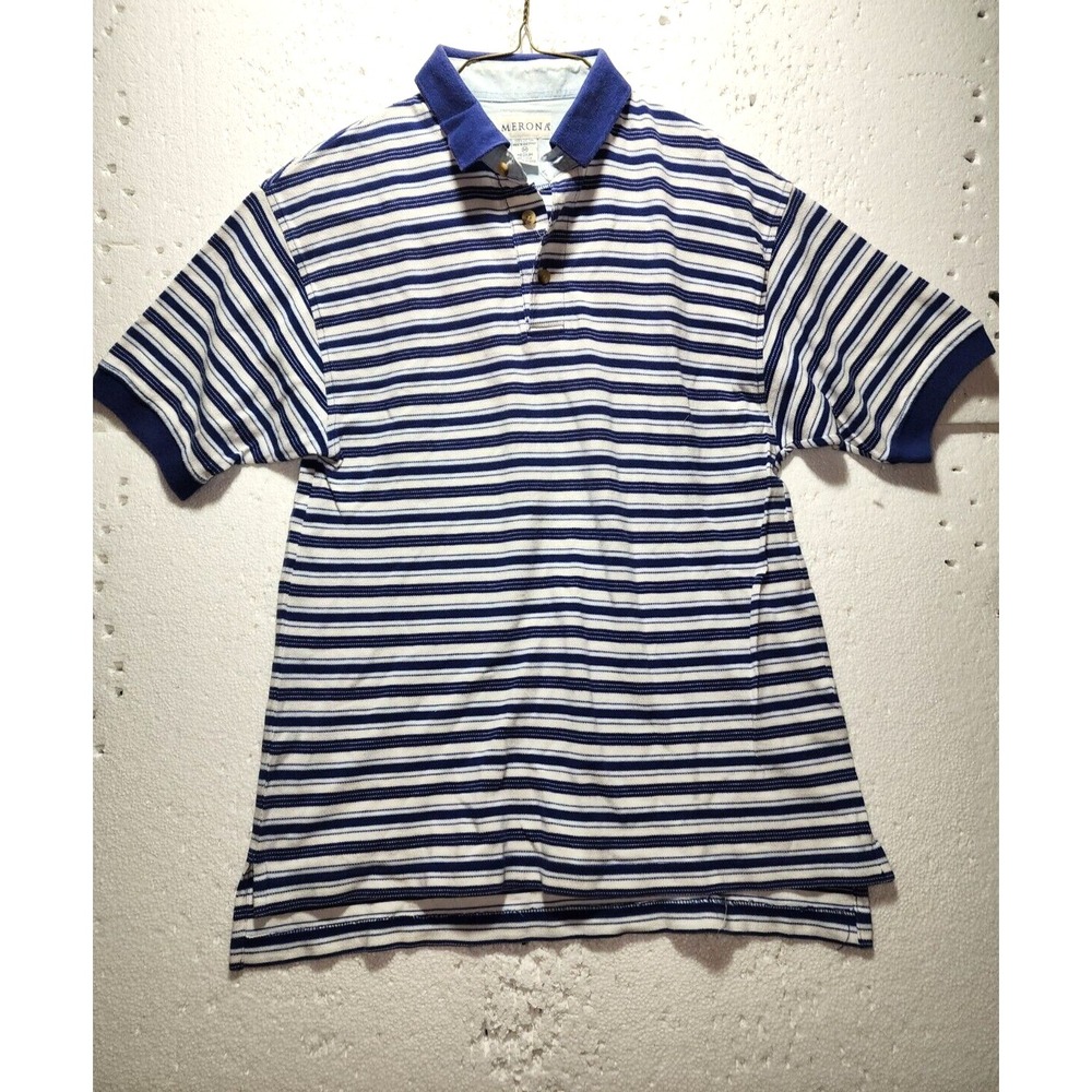 Merona Shirt Men Large White Blue Striped Collared Casual Short Sleeve Polo